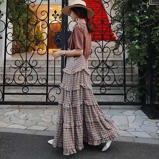 ワンピース ロング丈 サスペンダースカート ティアードスカート