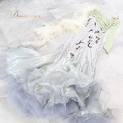 社交ダンス 衣装 スタンダードドレス ワンピース ドレス ファー フェザー 緑 シルバー デモ 競技 ダンス パーティ 発表会 グリーン系 グレイ系 エレガント 華やか おしゃれ 大人 デザイン フェミニン フェザー付き 競技用 ゆれる