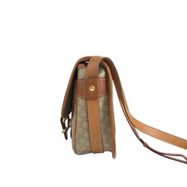 CELINE セリーヌ マカダム ショルダーバッグ ベージュ ブラゾン型押し PVCレザー フロントバックル vintage ヴィンテージ オールド gcc4ck