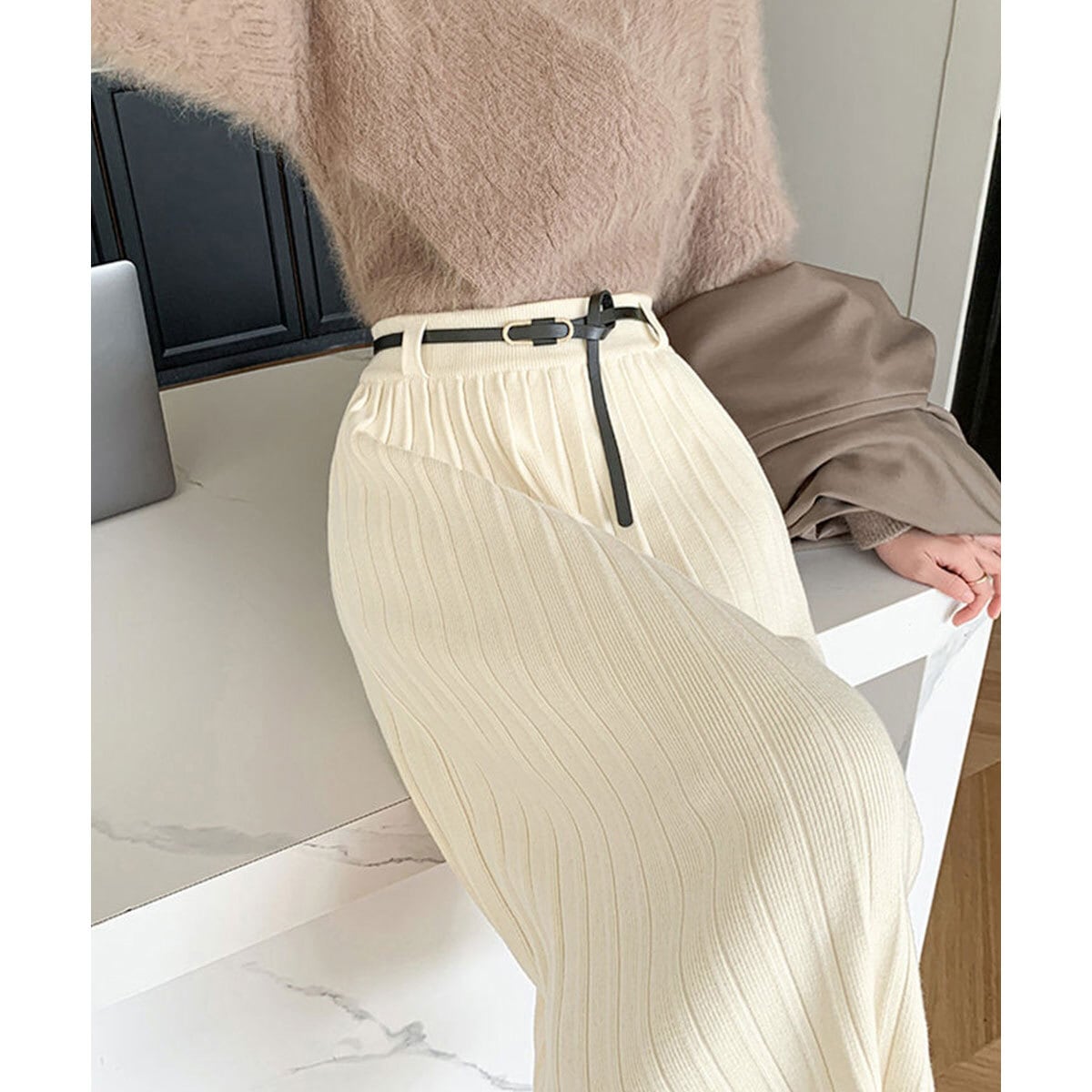 プリーツ ニット スカート レディース 秋冬 韓国 ロングスカート きれいめ 大人 かわいい フェミニン 通勤 ビジネス オフィス シンプル ウエストゴム ハイウエスト ミモレ丈 大人可愛い 大人女子