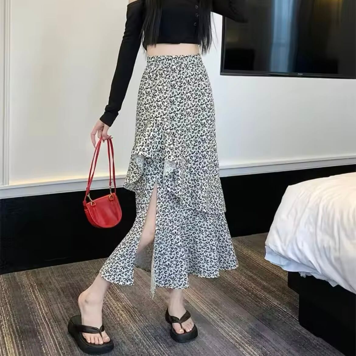 フリルフラワースリットスカート