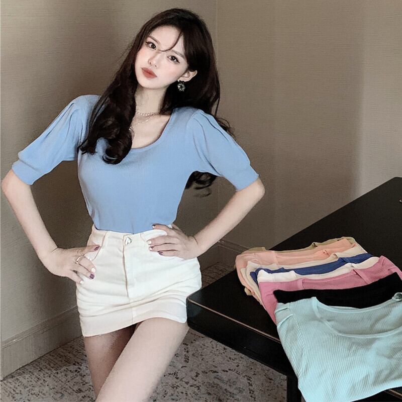 スタンダードスリーブニットトップス サマーショート薄手Tシャツ レトロ 夏物 ガールズファッション50834036870