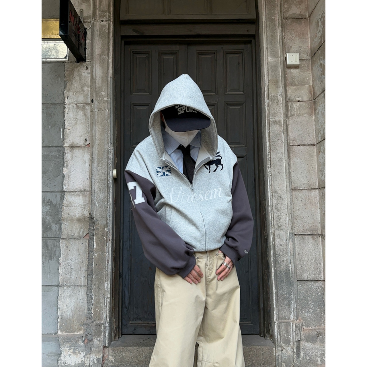 VINTAGE ストリート コントラストスリーブ ジップパーカー T1887