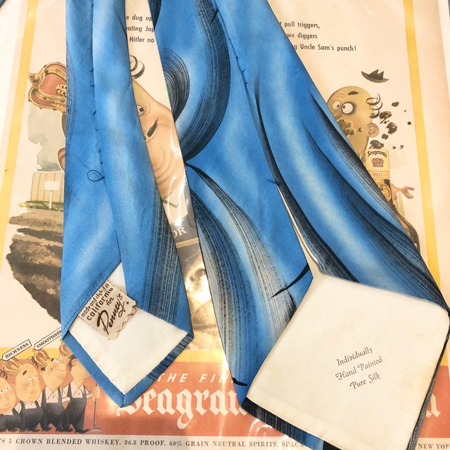 Vintage 40's 50's blue hand painted tie