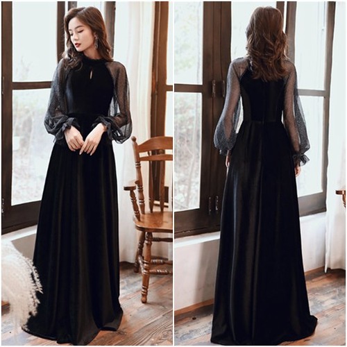 演奏会ドレス ロングドレス 大きいサイズ XL 2XL ランタンスリーブ 長袖 パーティードレス エレガント シンプル お呼ばれ フォーマル きれいめ ロングスカート 上品 体型カバー ワンピース