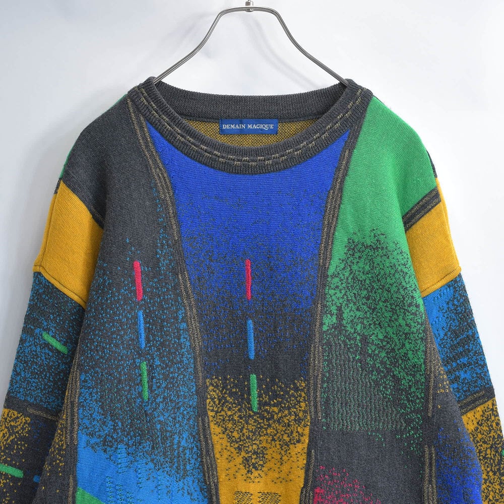 80s~90s 日本製 DEMAIN MAGIQUE ドゥマンマジック 幾何学ジャガード マルチカラー 立体刺繍 デザイン プルオーバーニット セーター ジャパンヴィンテージ ビンテージ 古着 メンズXL相当