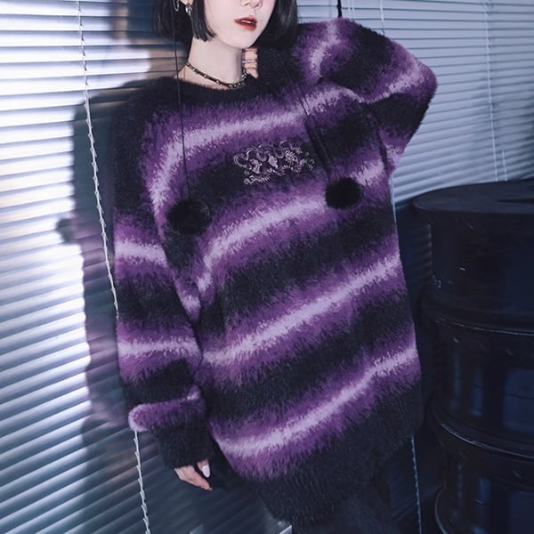 五毒刺繍パープルブラックボーダープルオーバーニット(ruf_02587)