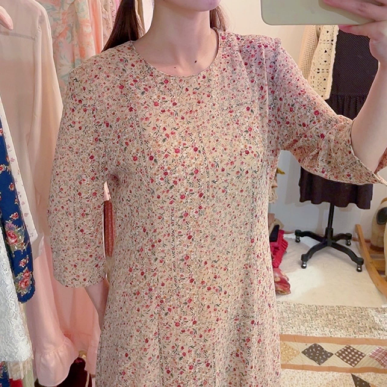 flower dot line slit cuff one-piece