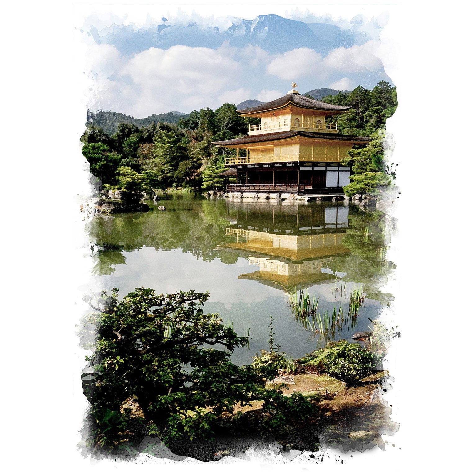 絵画 日本 京都 金閣寺の風景インテリアアート額付き 水彩画・油絵風 