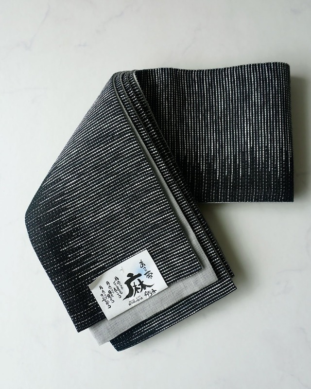 【半幅帯】黒グレー系　横段縞柄　麻半幅帯　No.250130①