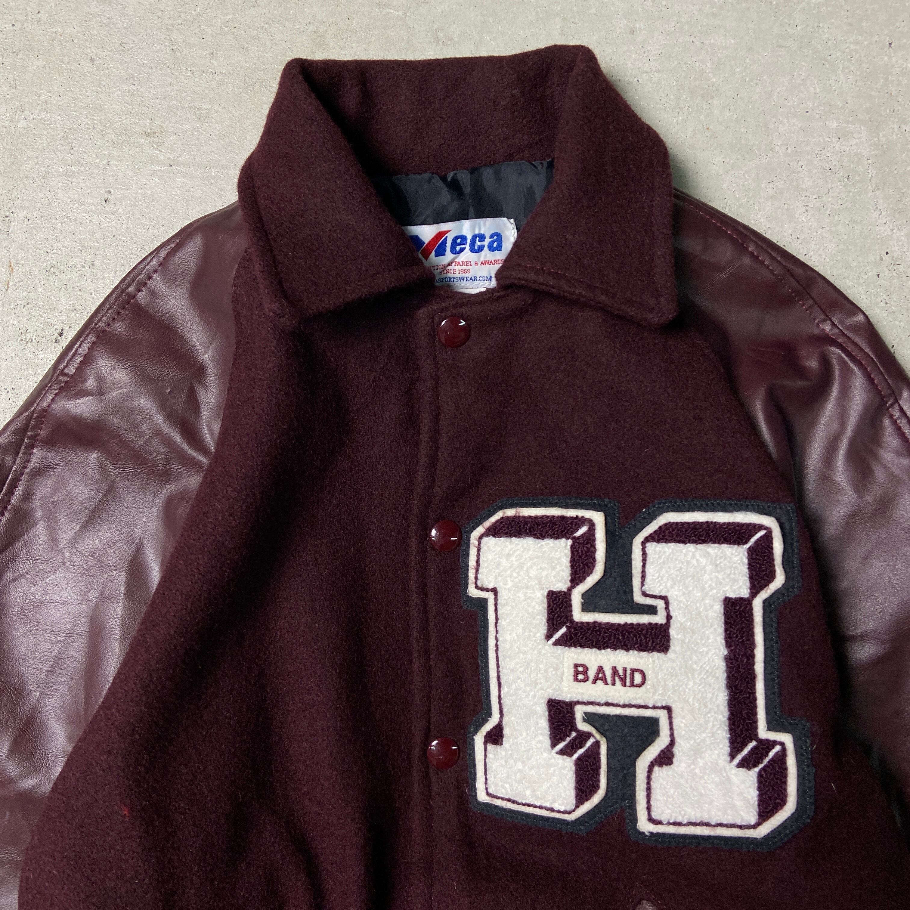 MECA ウールスタジャン 袖フェイクレザー 襟付き メンズS相当 古着