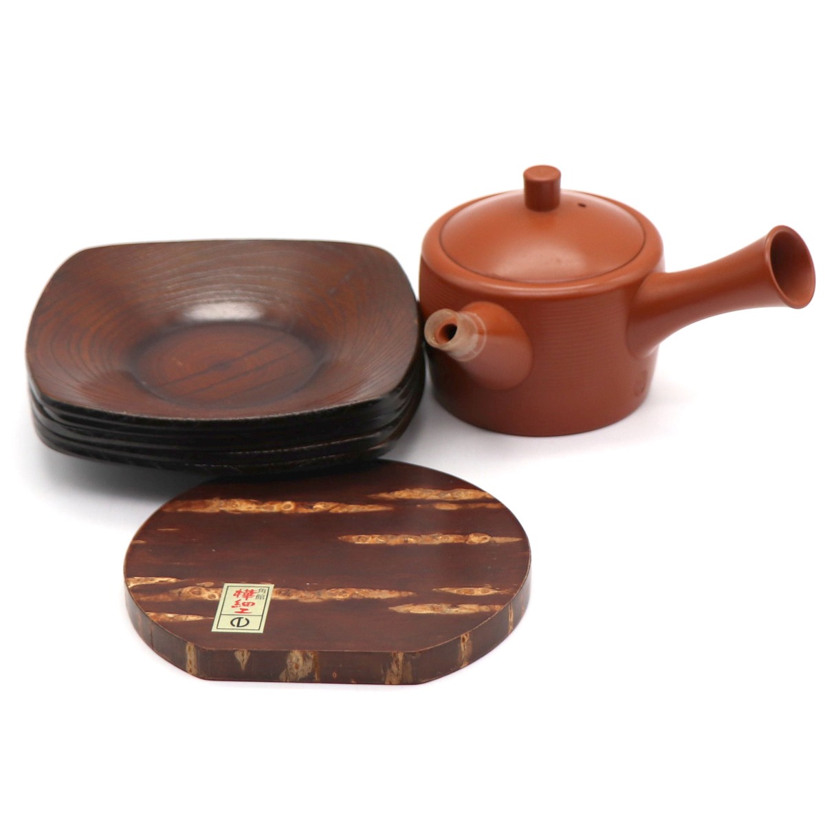茶道具セット・朱泥急須・茶托・急須台・樺細工・No.210529-49・梱包 