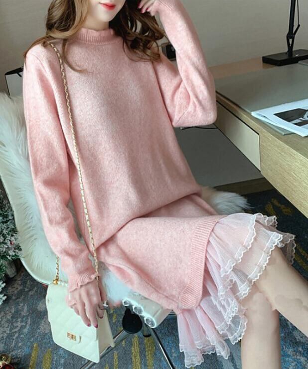 シースルー切り替えニットワンピース★裾フリル セーターワンピース ガーリー