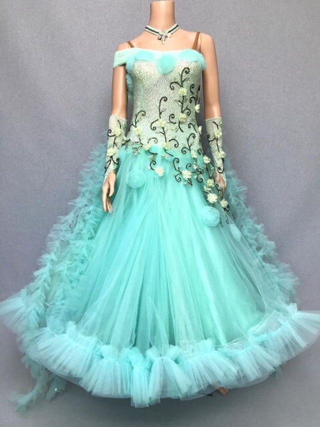 社交ダンス ドレス　スタンダード　モダン　パステルグリーン　M～ML　ST-118　デモ・競技用ドレス　発表会　衣装　パーティドレス　ワンピース　舞台衣装