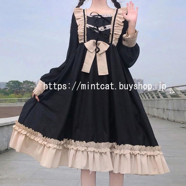 Lolita Op Dress ロリータワンピース ロリィタ お茶会 撮影 Cosplay イベント 甘ロリ 長袖 フリル ブラック レッド Mintcat