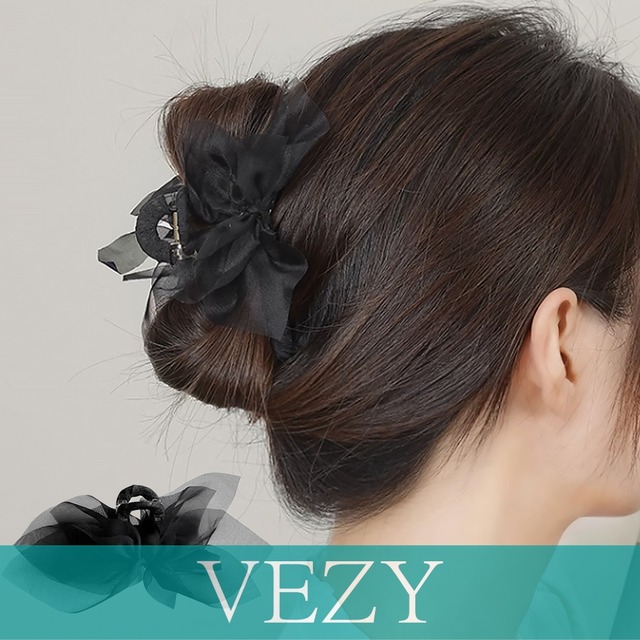 バンスクリップ 髪飾り オーガンジー 黒 ヘアクリップ ヘアアクセサリー 大人 まとめ髪 お洒落 オフィス雑貨 結婚式 演奏会 可愛い 女子会 髪留め ヘアアクセサリー  VEZY ベジー  ItemNo.【19700811】