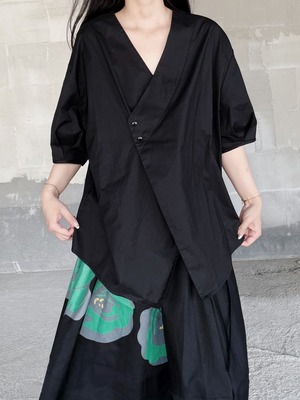 Overlapped slant closure loose puff sleeve shirt [T2941]