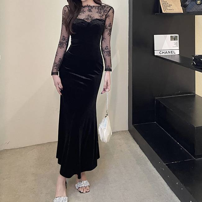 ベロア ロングドレス 黒 レース スリーブ シースルー レディース 上品