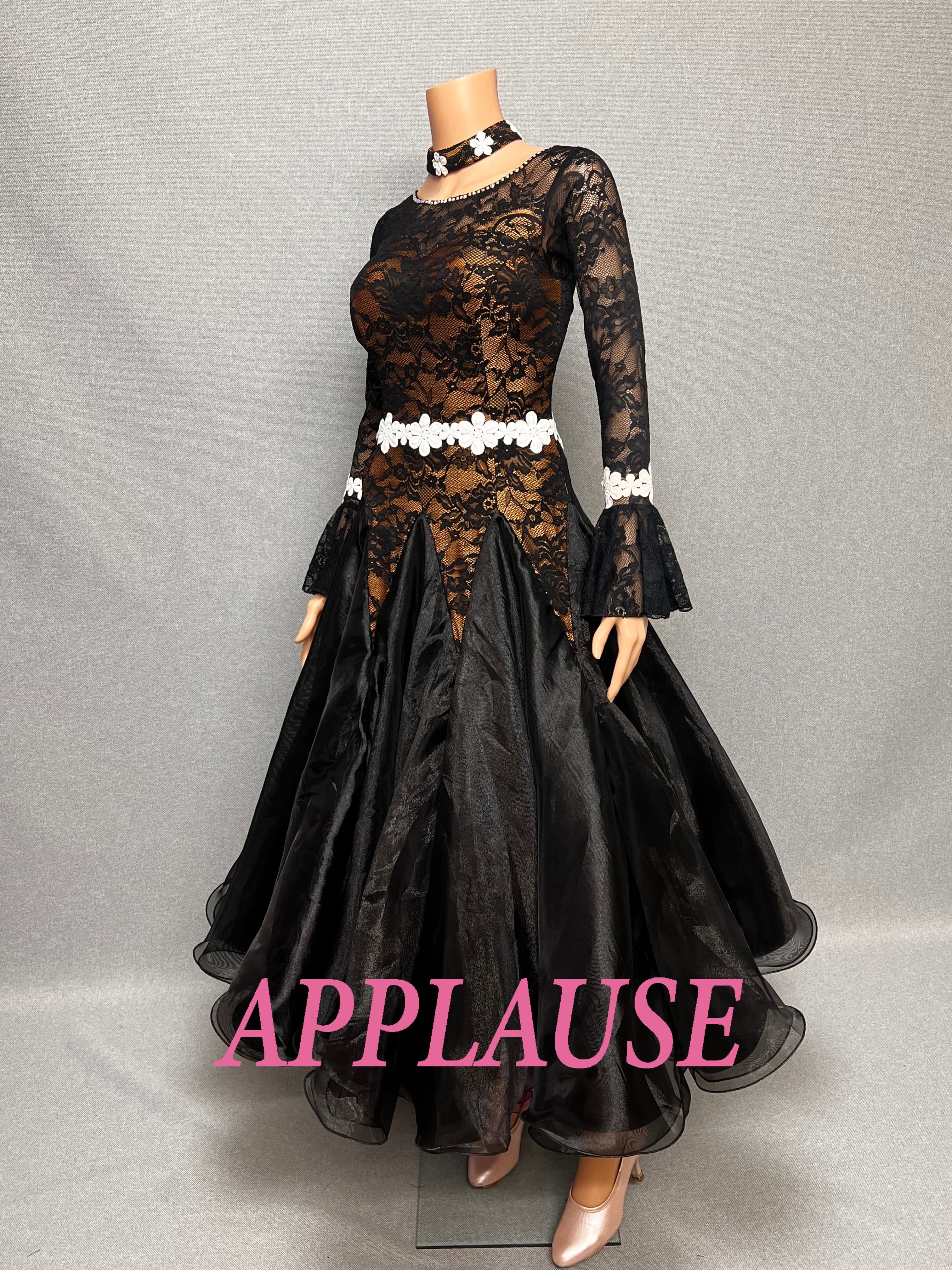 【新着】社交ダンス ドレス　スタンダード　モダンドレス　ブラック（レース）　M　ST-25-31　デモ・競技用ドレス　発表会衣装　パーティドレス　ワンピース　舞台衣装