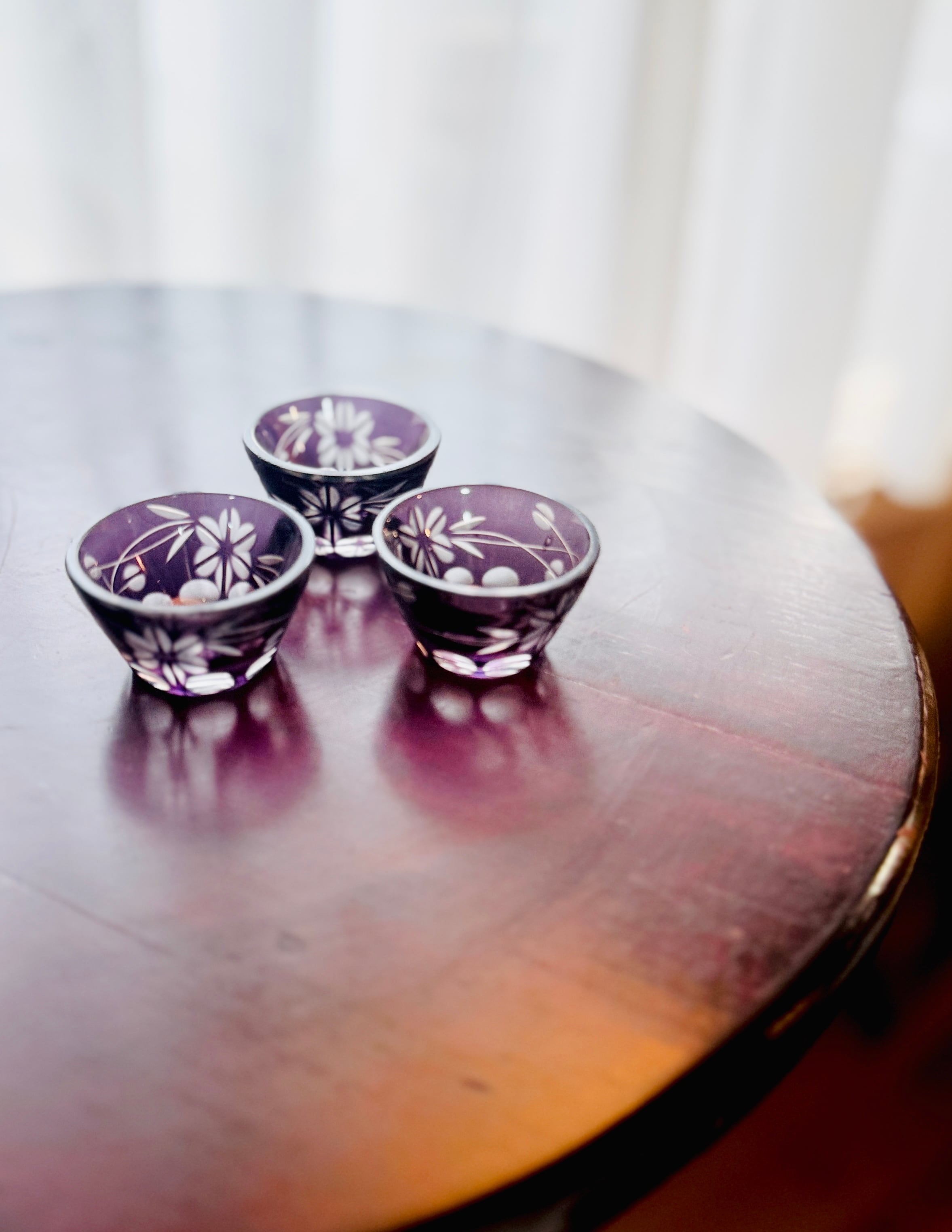 アンティークぐい呑 昭和初期 紫被切子ガラス 冷酒 お猪口 3客セット