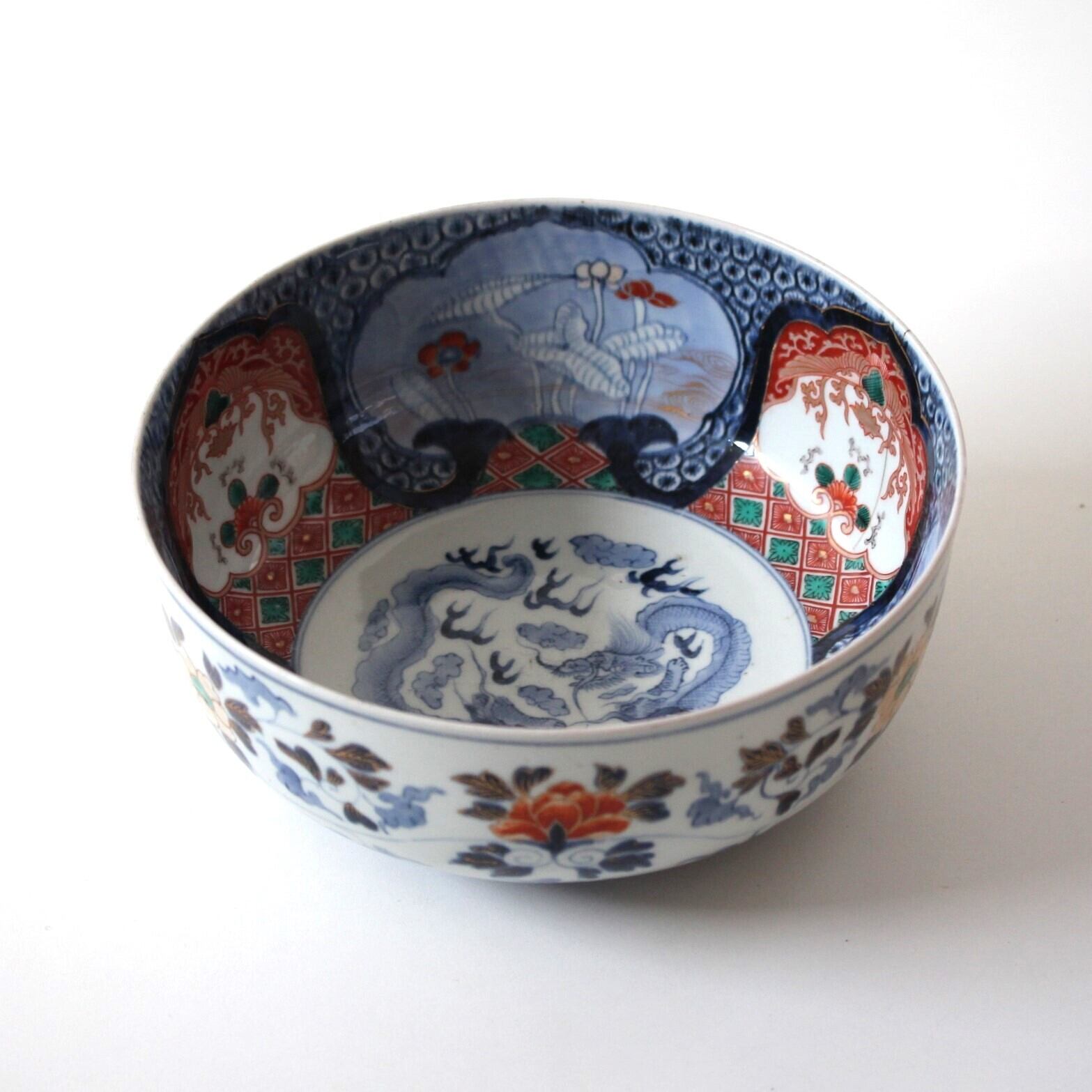 鎹継ぎのある伊万里色絵龍鳳凰文鉢 d24.5cm Staple Repaired Imari