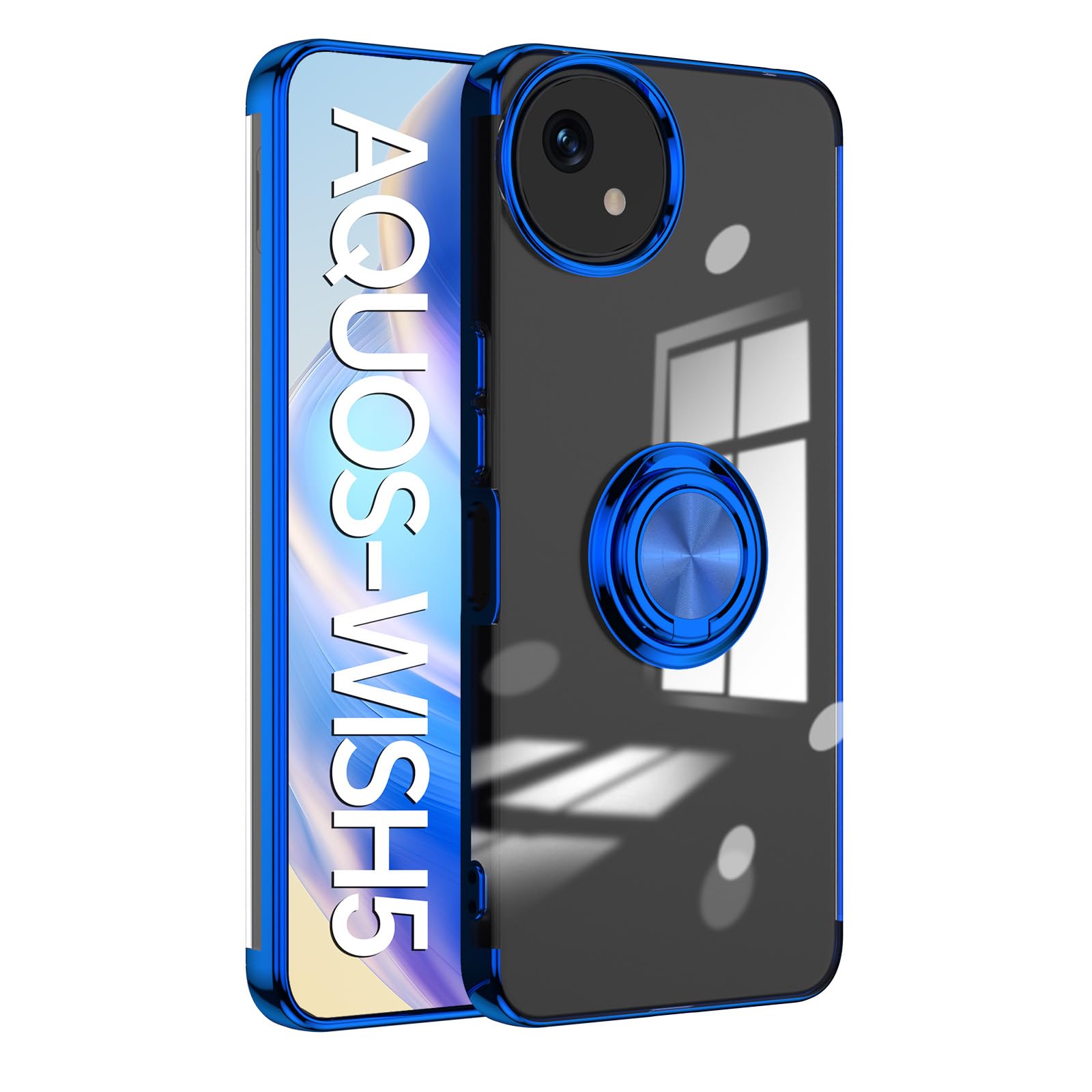 AQUOS wish5 用 ケース SH-52F SH-M32 カバー 青メッキ加工 リング シャープ wish5 バンパー