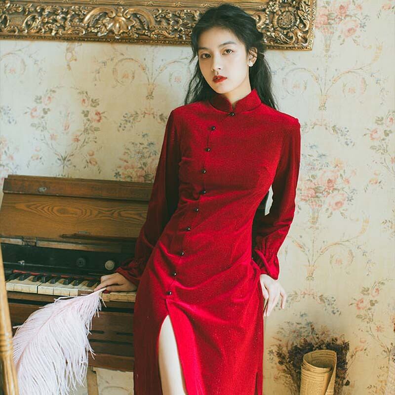 チャイナ風ドレス ショート チャイナ風ワンピース パーティー大きいサイズ S M L Ll 二次会 卒業式 プレゼント レッド 赤い スタンドネック レトロ ベルベット スピーカースリーブ 編み上げスタイル Dresszone
