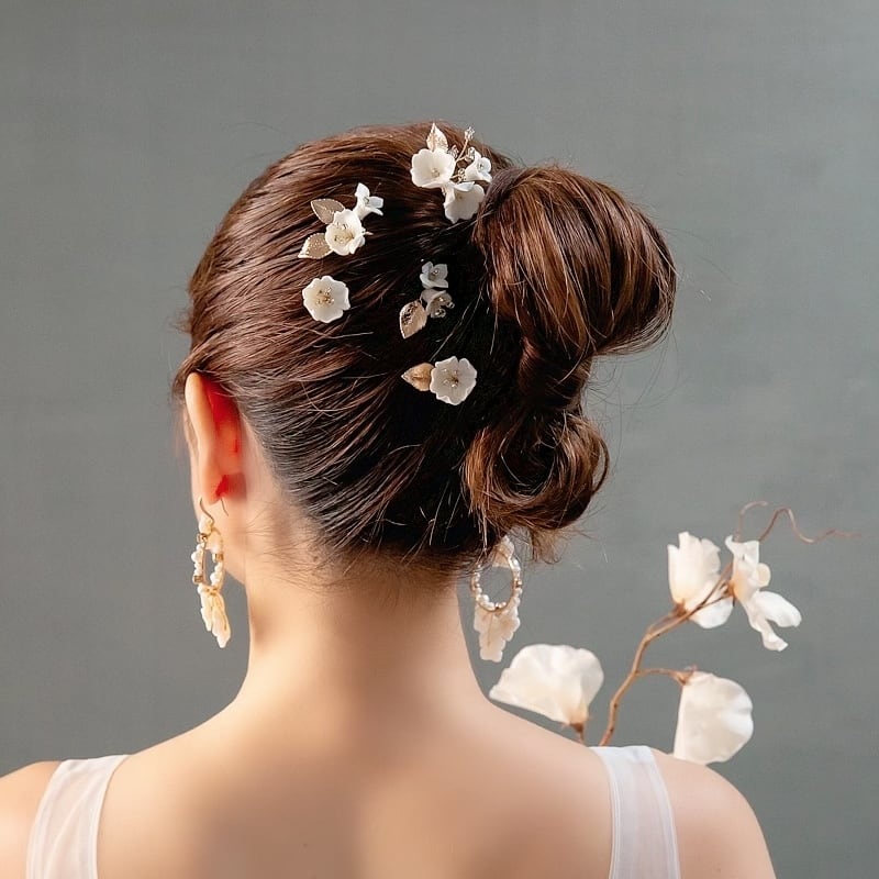 H-151 ウェディング アクセサリー【小枝 フラワー 5P ヘアピン(シルバー or ゴールドより選択)】ブライダル 髪飾り