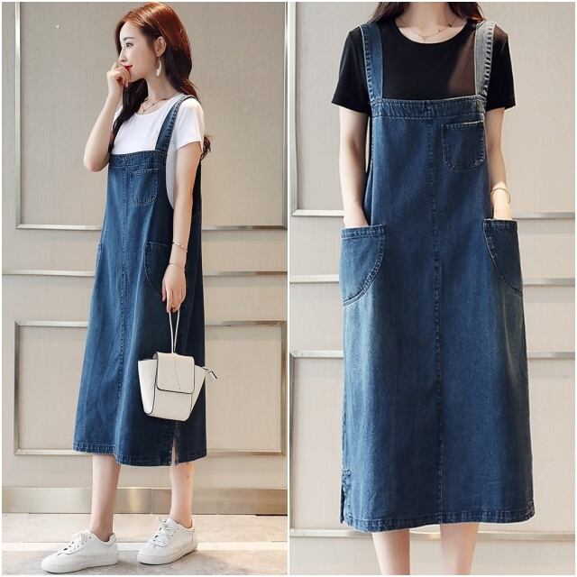 春新作 サロペットデニム ワンピース 膝丈 ジャンスカワンピース ジャンパースカート レディース ゆったりワンピース 膝下 体型カバー ワンピース 大きいサイズ 大人カジュアル 韓国 ファッション 代 30代 40代 デニム ブルー P6508 Kirari きらり