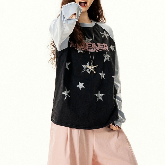 ユーズドライクレトロポップスターパターンラグランTシャツ 1col R02576