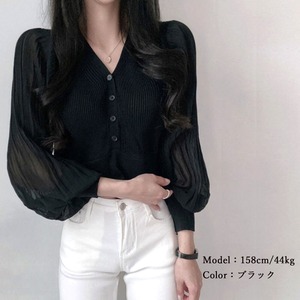 ニット カーディガン レディース 春秋 韓国 ボリューム袖 きれいめ おしゃれ 大人 かわいい 異素材 切り替え 透け感 上品 ランタンスリーブ 大人可愛い 大人女子