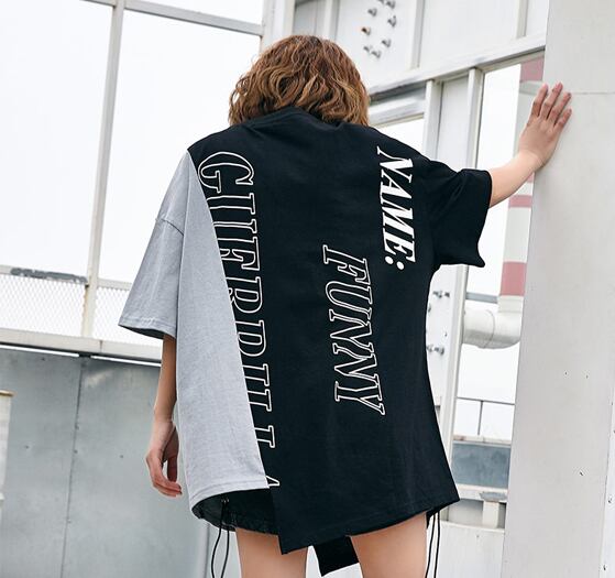 韓国ファッション 半袖 Tシャツ トップス レディース ストリート系 原宿系 オルチャン バイカラー アシンメトリー 個性的 夏 Tb 321 毒いちご 韓国ファッション