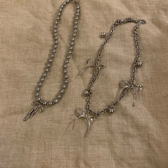 Somedayif 灰色のリボンビーズネックレス 2s