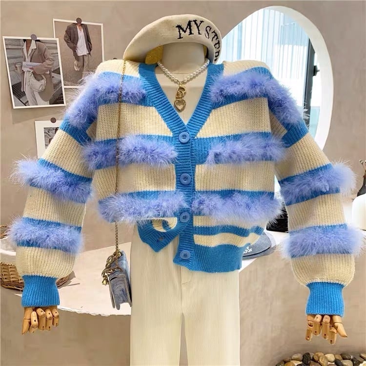 4カラー】ファー ピンク 水色 黒 緑 カーディガン ボーダー ストライプ