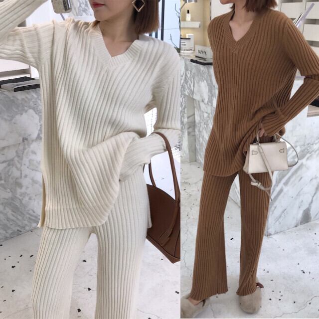 全4色 ホワイト/ブラック/ブラウン/カーキ レディース セットアップ Vネックカシミアニット リブニットパンツ