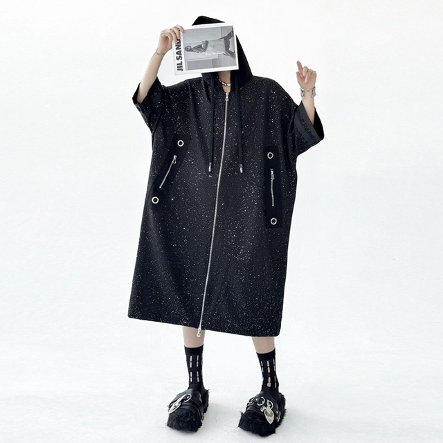 Hooded zipper long parker dress C1031