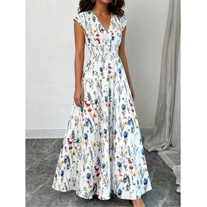 white floral v neck maxi dress<d3137>