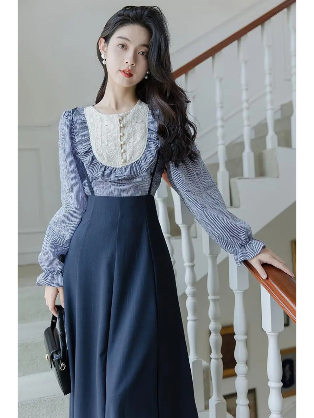 【0222】Elegant Skirt Stripes Long Sleeve 2 Piece Set