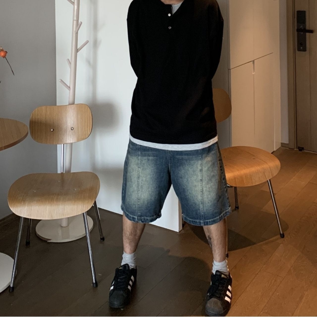 フェイクツーピースヘンリーネックリブロングTシャツ　1160