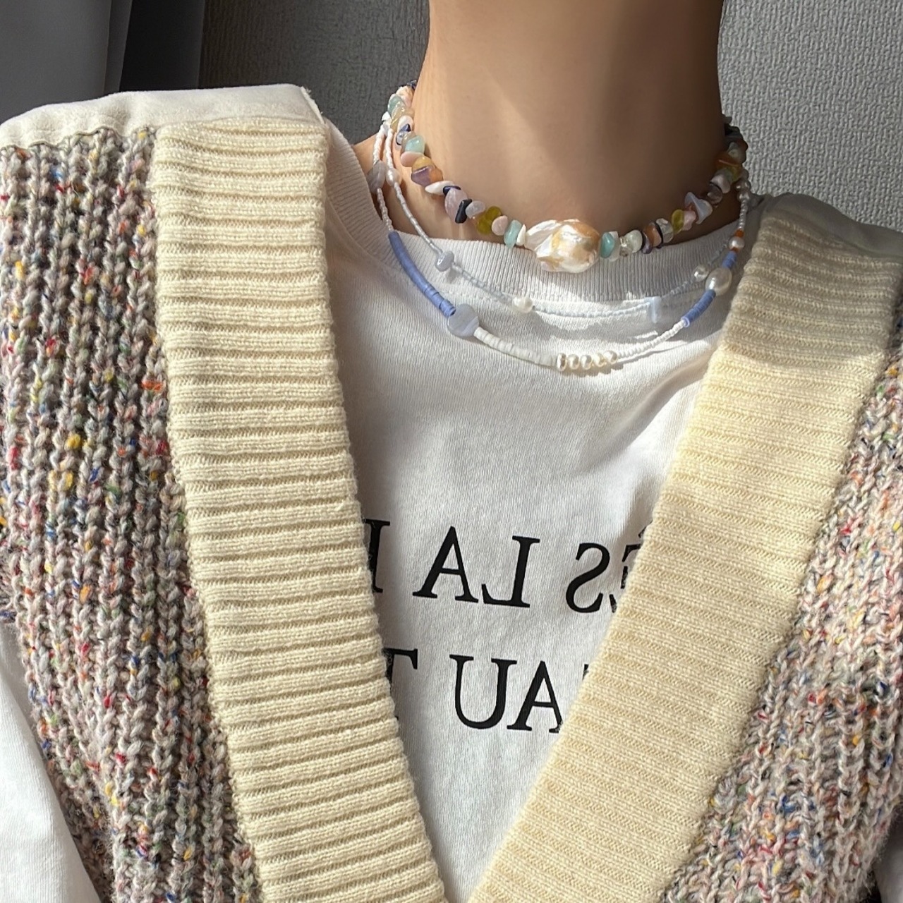 ［3色展開] 天然石 × パール ビーズネックレス ［SSN045］