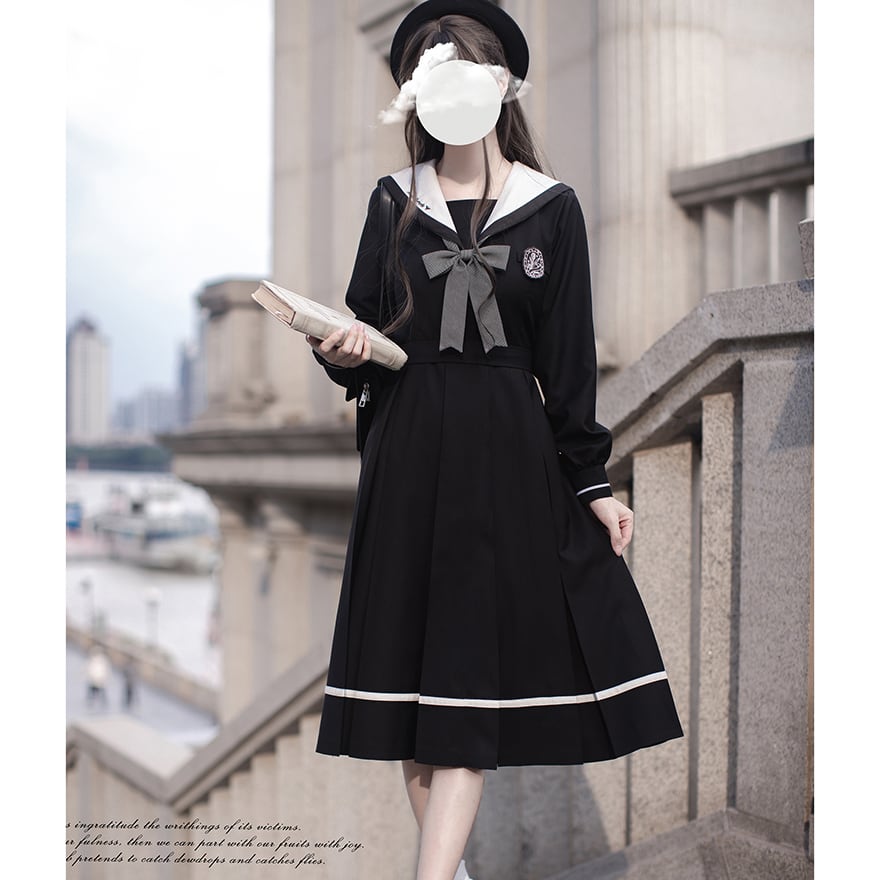 サブカルファッション 量産型 ワンピース クラシック セーラー服 リボン付き ミドル丈 胡桃木