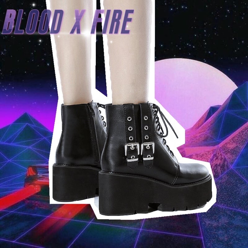 厚底ブーツ サイドZIP 編み上げ ダブルベルト ヒール高8cm つま先4.5cm