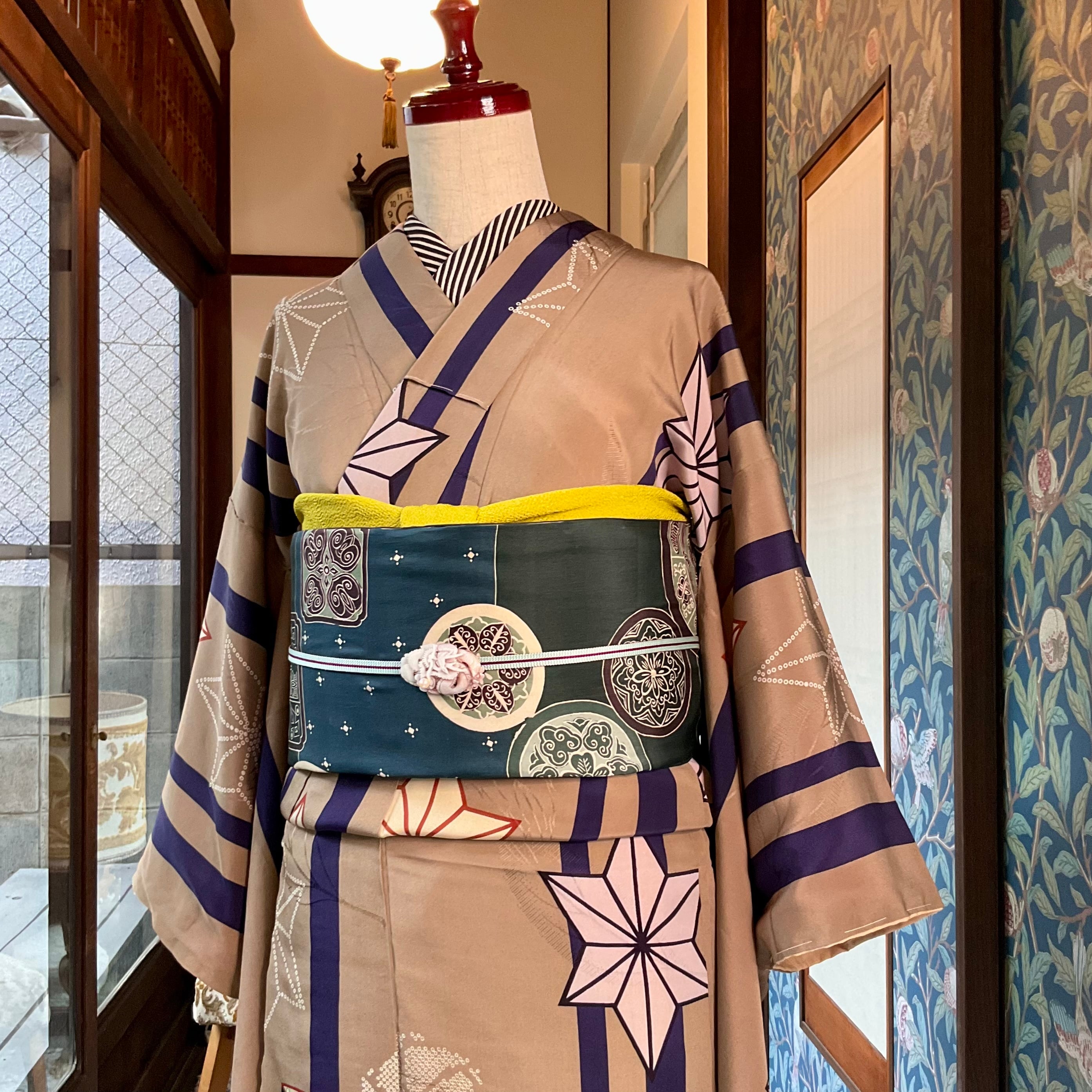 風ぐるまと麻の葉*散歩着 縞 ストライプ 菊 花 風車 ベージュ 風ぐるまと麻の葉*散歩着 縞 ストライプ 菊 花 風車 ベージュ