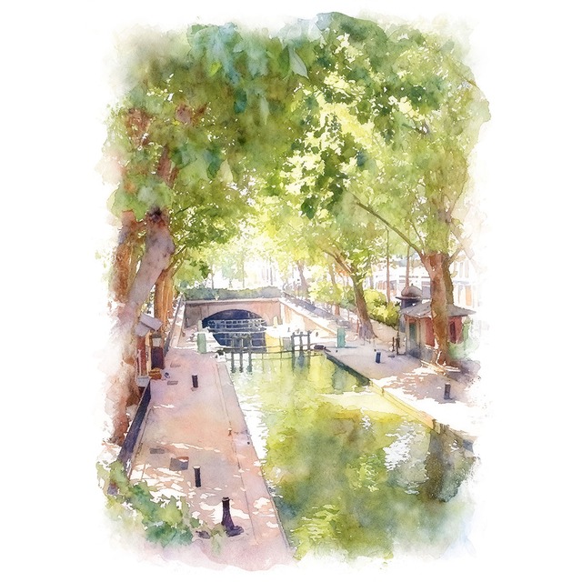 絵画  風景画(街並み) フランス パリ サン・マルタン運河 インテリアアート額付き 水彩画・油絵調 WAT0672