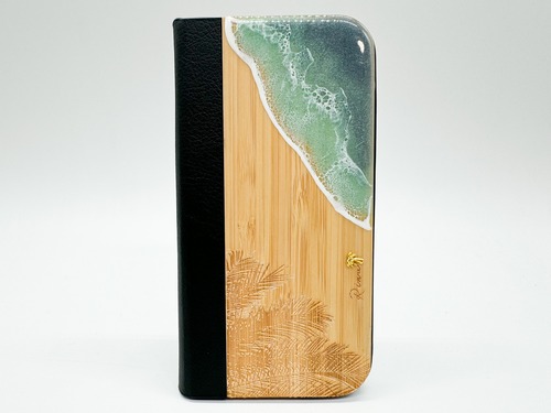 Palm leaf&wave/wood×resin blue wave 手帳型case(bamboo)