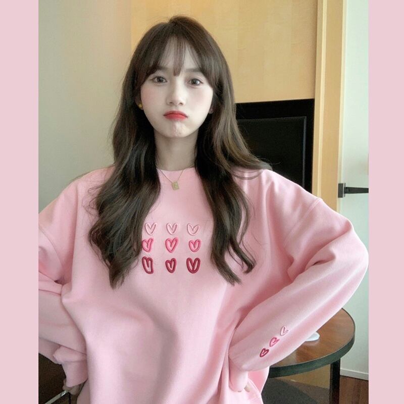 ラウンドネックセーター スプリングオータム薄手ルーズスタイルトップス ピンク 春物 秋物 Oネック 試着室52092821898