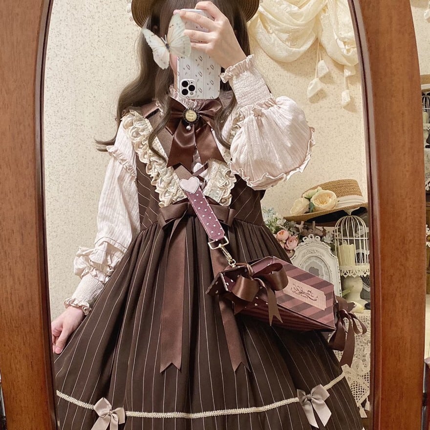 量産型 ブラウンストライプワンピース リボンレース付きお出かけ服