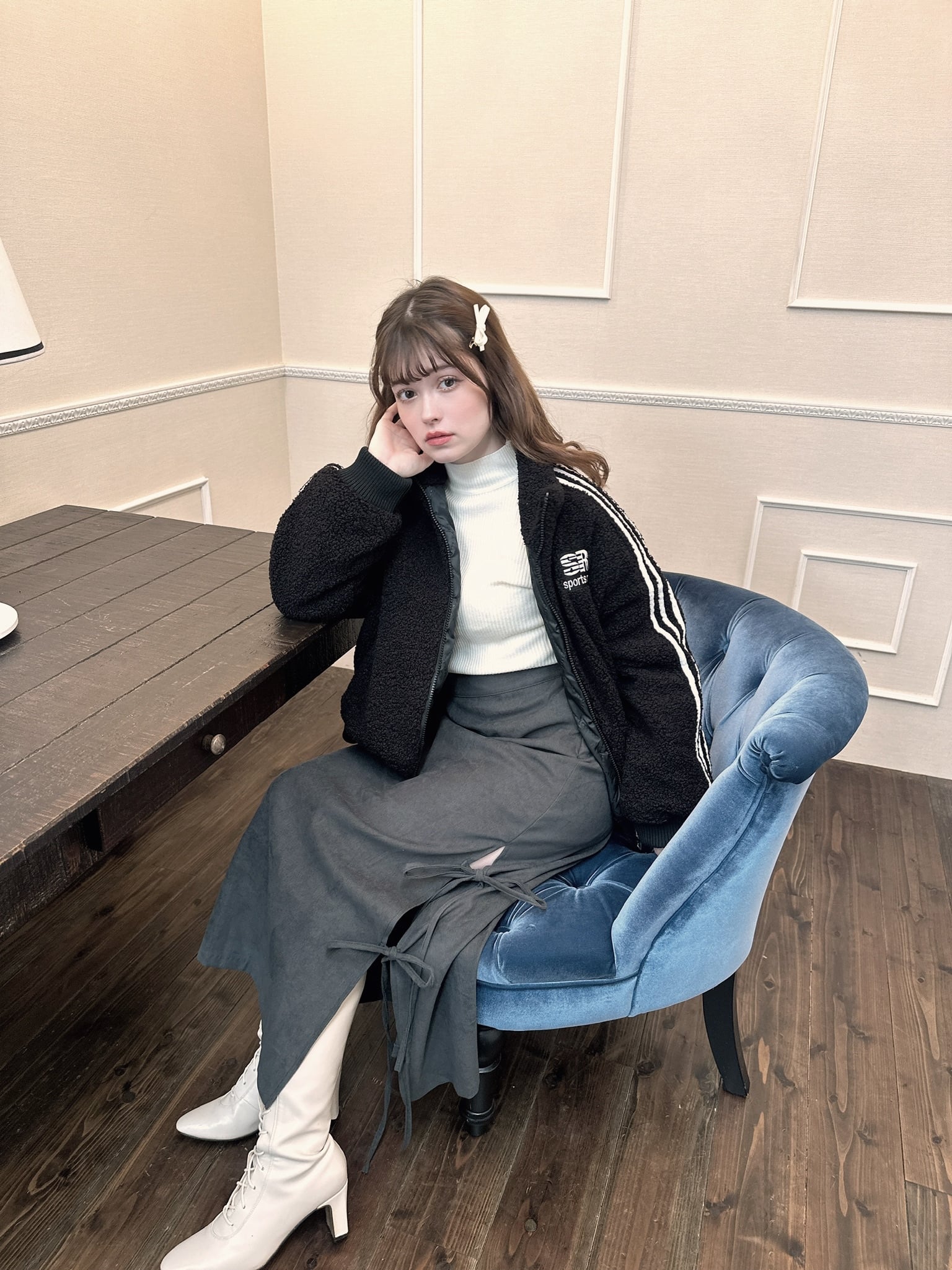 【LAST2】side slit ribbon skirt-BEIGE