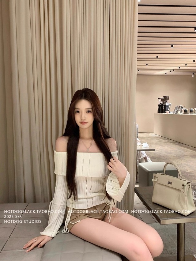 レースアップリボンオフショルダーニットトップス