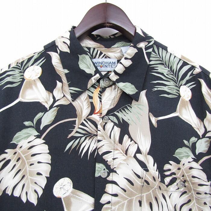 ネクタイ　シャツ　古着　ヴィンテージ柄　リネン　総柄　ネイビー　半袖　2XL ネクタイシャツ　リネン　シルク　総柄　ヴィンテージ柄　古着　半袖　オープンカラー